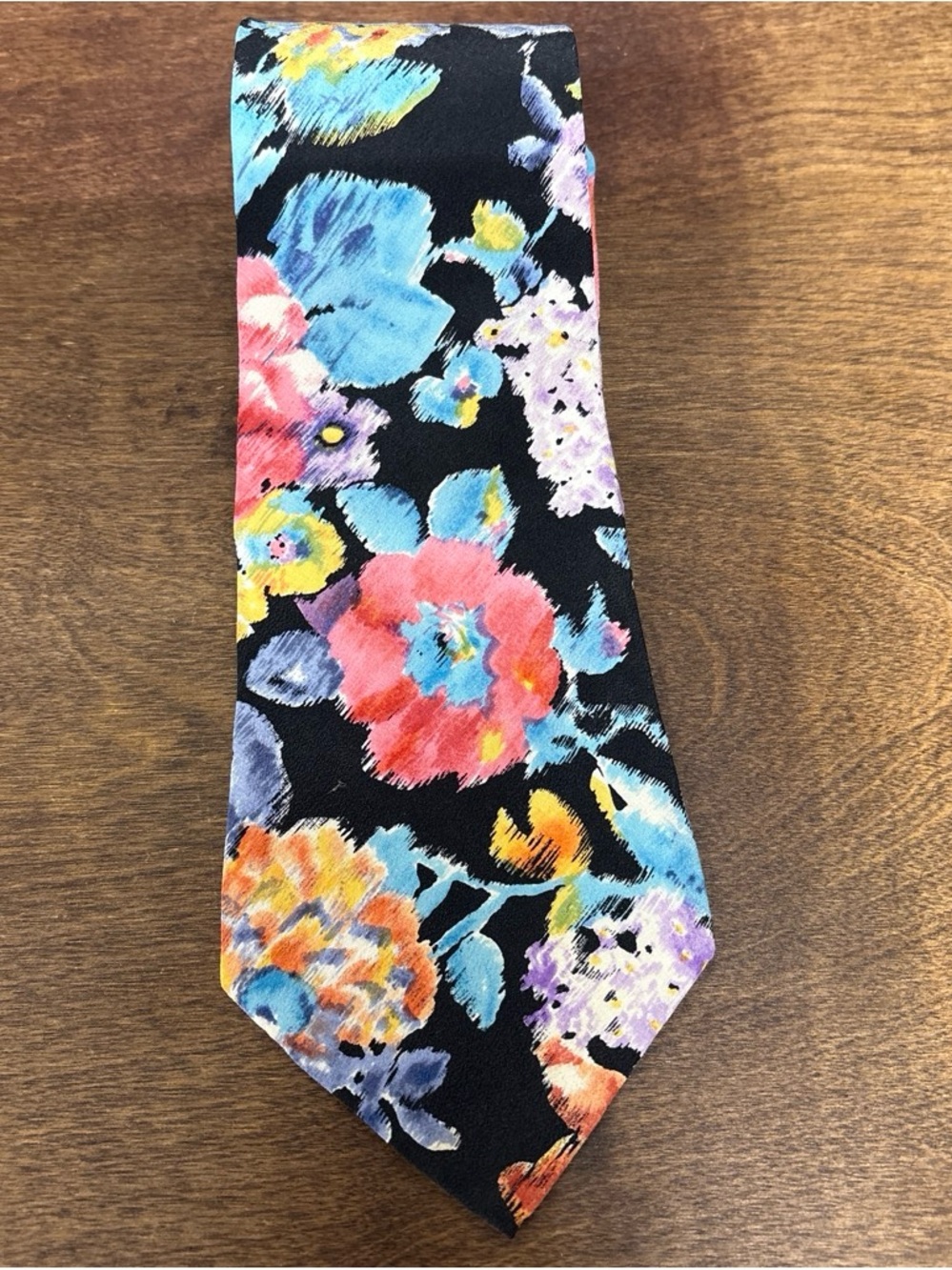 Vintage Floral Pattern Black Men’s Silk Tie with Multicolor Blooms